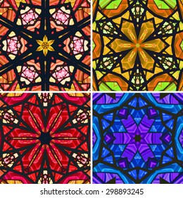 Set of stained glass patterns. Four seamless symmetrical background templates.  Multicolored vivid design element. Bright and beautiful kaleidoscopic texture for design uses