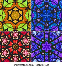 Set of stained glass patterns. Four seamless symmetrical background templates.  Multicolored vivid design element. Bright and beautiful kaleidoscopic texture for design uses