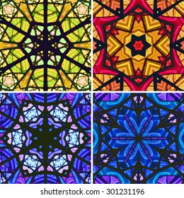 Set of stained glass patterns. Four seamless symmetrical background templates.  Multicolored vivid design element. Bright and beautiful kaleidoscopic texture for design uses