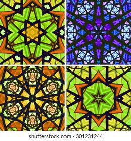 Set of stained glass patterns. Four seamless symmetrical background templates.  Multicolored vivid design element. Bright and beautiful kaleidoscopic texture for design uses