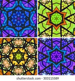 Set of stained glass patterns. Four seamless symmetrical background templates.  Multicolored vivid design element. Bright and beautiful kaleidoscopic texture for design uses