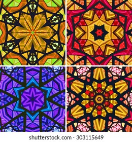 Set of stained glass patterns. Four seamless symmetrical background templates.  Multicolored vivid design element. Bright and beautiful kaleidoscopic texture for design uses