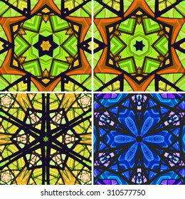 Set of stained glass patterns. Four seamless symmetrical background templates.  Multicolored vivid design element. Bright and beautiful kaleidoscopic texture for design uses