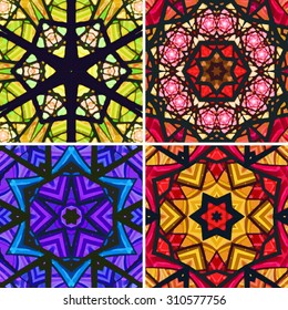 Set of stained glass patterns. Four seamless symmetrical background templates.  Multicolored vivid design element. Bright and beautiful kaleidoscopic texture for design uses