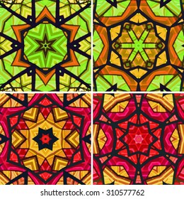 Set of stained glass patterns. Four seamless symmetrical background templates.  Multicolored vivid design element. Bright and beautiful kaleidoscopic texture for design uses