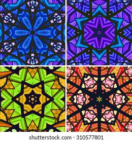 Set of stained glass patterns. Four seamless symmetrical background templates.  Multicolored vivid design element. Bright and beautiful kaleidoscopic texture for design uses