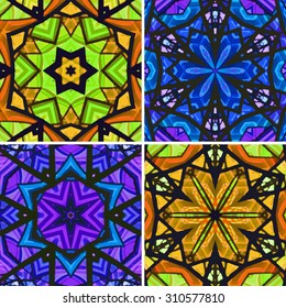 Set of stained glass patterns. Four seamless symmetrical background templates.  Multicolored vivid design element. Bright and beautiful kaleidoscopic texture for design uses