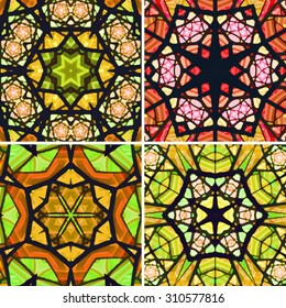 Set of stained glass patterns. Four seamless symmetrical background templates.  Multicolored vivid design element. Bright and beautiful kaleidoscopic texture for design uses