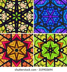 Set of stained glass patterns. Four seamless symmetrical background templates.  Multicolored vivid design element. Bright and beautiful kaleidoscopic texture for design uses