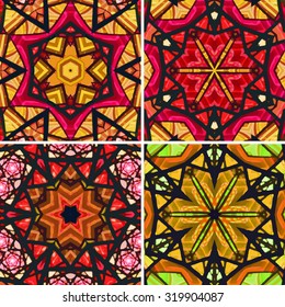 Set of stained glass patterns. Four seamless symmetrical background templates.  Multicolored vivid design element. Bright and beautiful kaleidoscopic texture for design uses