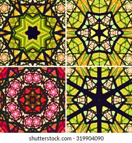 Set of stained glass patterns. Four seamless symmetrical background templates.  Multicolored vivid design element. Bright and beautiful kaleidoscopic texture for design uses