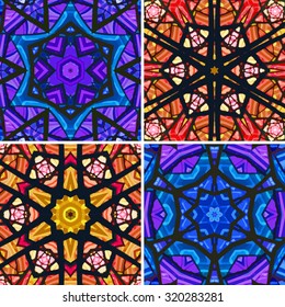 Set of stained glass patterns. Four seamless symmetrical background templates.  Multicolored vivid design element. Bright and beautiful kaleidoscopic texture for design uses