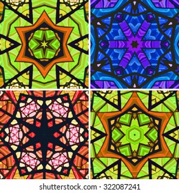 Set of stained glass patterns. Four seamless symmetrical background templates.  Multicolored vivid design element. Bright and beautiful kaleidoscopic texture for design uses