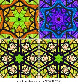 Set of stained glass patterns. Four seamless symmetrical background templates.  Multicolored vivid design element. Bright and beautiful kaleidoscopic texture for design uses