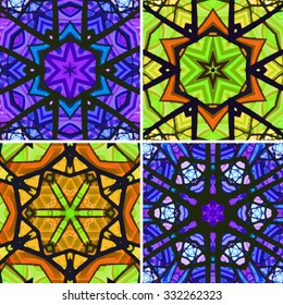 Set of stained glass patterns. Four seamless symmetrical background templates.  Multicolored vivid design element. Bright and beautiful kaleidoscopic texture for design uses