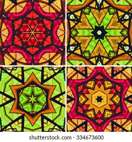 Set of stained glass patterns. Four seamless symmetrical background templates.  Multicolored vivid design element. Bright and beautiful kaleidoscopic texture for design uses