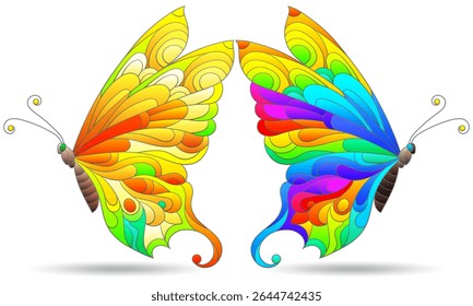A set of  stained glass windows with butterflies, dark outlines on a white background