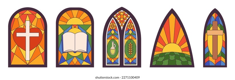 Set aus fixierten Glasfenstern. Kirchenkathedrale Dekorative Transparente, farbige Rahmen mit Kirchenbrille, schöne mittelalterliche Sacramental-Architekturelemente mit Kreuz, Bibel und Sonne, Vektorgrafik