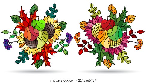 A set of stained glass-style illustration with autumn compositions, leaves, berries and fruits isolated on a white background
