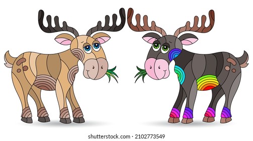 A set of stained glass-style illustrations with cute cartoon mooses, animals isolated on a white background