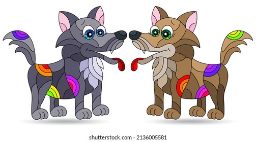 Set of stained glass-style illustrations with cute cartoon dogs, animals isolated on a white background