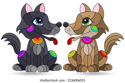 Set of stained glass-style illustrations with cute cartoon dogs, animals isolated on a white background