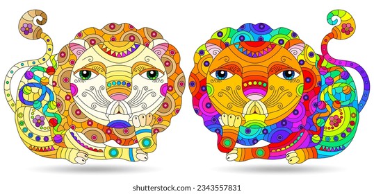A set of stained glass-style illustrations with cute cartoon lions, animals isolated on a white background