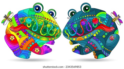 A set of stained glass-style illustrations with cute cartoon frogs, animals isolated on a white background