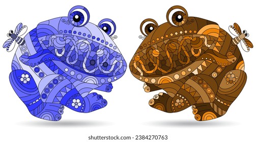 A set of stained glass-style illustrations with cute cartoon frogs, animals isolated on a white background, tone blue and brown
