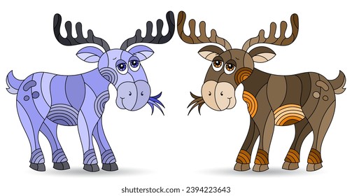 A set of stained glass-style illustrations with cute cartoon mooses, animals isolated on a white background, tone blue and brown