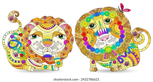 A set of stained glass-style illustrations with cute cartoon lions, animals isolated on a white background