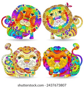 A set of stained glass-style illustrations with cute cartoon lions, animals isolated on a white background