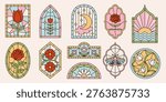 Set of stained-glass cathedral windows with floral ornaments. Abstract mediaeval borders with rose flowers, tulips, butterfly engraving. Geometric illustrations in outline frames. Vector graphic
