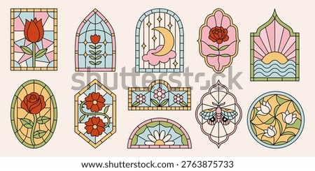 Set of stained-glass cathedral windows with floral ornaments. Abstract mediaeval borders with rose flowers, tulips, butterfly engraving. Geometric illustrations in outline frames. Vector graphic