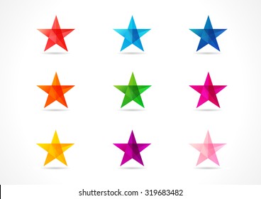 Set of  stained-glass colored celebrating stars. Shining mosaic decorative star icons in various colors. Red, blue, orange, pink, violet, purple, yellow, golden star. Bright greetings collection shade