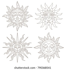 A set of stained-glass contour suns with faces on a white background isolates