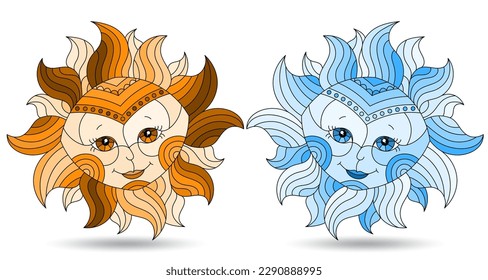 A set of stained-glass illustration with bright suns with faces  isolated on a white background , tone blue and brown