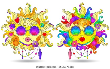 A set of stained-glass illustration with bright suns with faces  isolated on a white background 