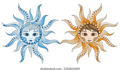 A set of stained-glass illustration with suns with faces  isolated on a white background, tone brown and blue