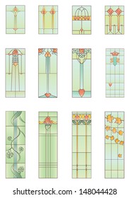 Set of stained-glass leaded windows of nature