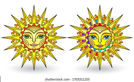 A set of stained-glass suns with faces on a white background isolates