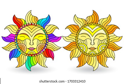 A set of stained-glass suns with faces on a white background isolates