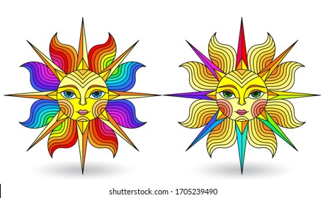 A set of stained-glass suns with faces on a white background isolates