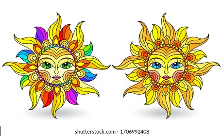 A set of stained-glass suns with faces on a white background isolates