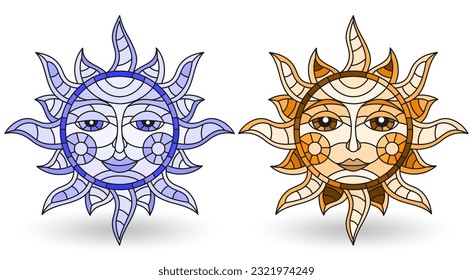 A set of stained-glass suns with faces on a white background isolates, tone brown and blue