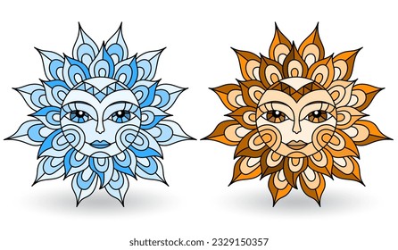 A set of stained-glass suns with faces on a white background isolates, tone blue and brown