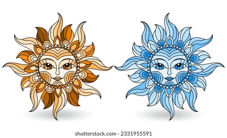 A set of stained-glass suns with faces on a white background isolates, tone brown abd blue