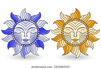 A set of stained-glass suns with faces on a white background isolates, tone brown and blue