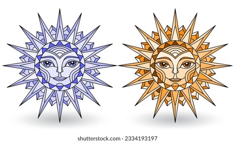 A set of stained-glass suns with faces on a white background isolates, tone blue and brown