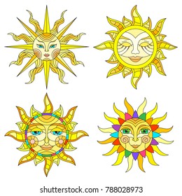 A set of stained-glass suns with faces on a white background isolates
